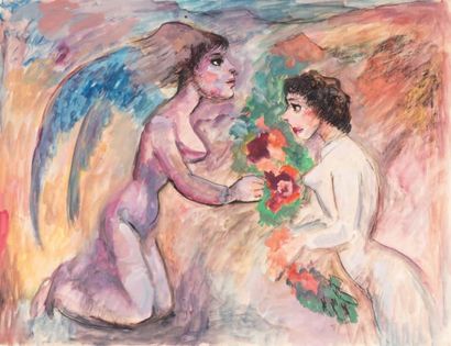 null Ensemble de trois oeuvres:
Couple nu
Femme ailée offrant des fleurs à une jeune...