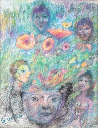 null Nu et têtes entourant des fleurs
Crayons de couleurs et pastel signé en bas...