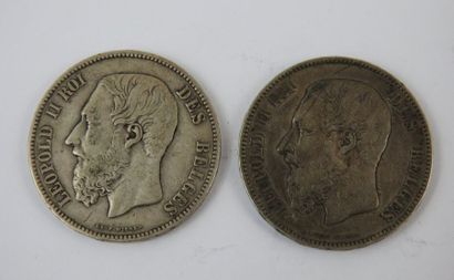 null DEUX MONNAIES 5 francs argent Leopold II roi des belges. 1869 et 1873.