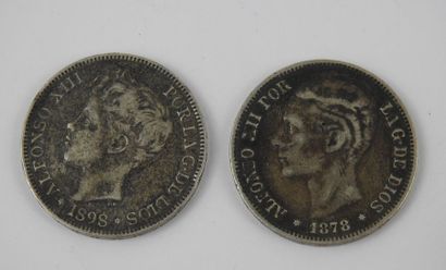 null DEUX MONNAIES argent 5 pesetas Espagne Alfonso XIII, 1898 et 1878.