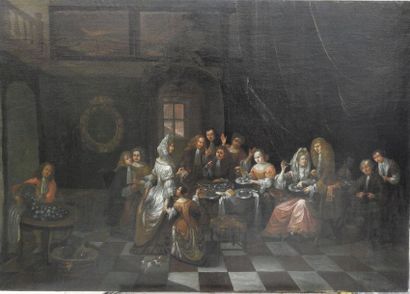 null Ecole du NORD vers 1700: Scène de banquet. Toile 76 x 108 cm (restaurations...