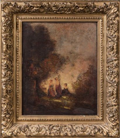 null Three women in a clearing. Oil on mahogany panel. Bears a MONTICELLI signature...