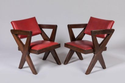  Pierre JEANNERET (1896-1967) : 
Pair of armchairs in exotic wood and red leather...