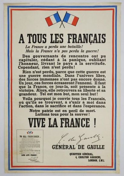 null Affiche dite "du 18 Juin": 

Rarissime affiche originale « A Tous les Français...
