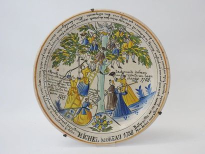 null PATRONYMIC CREAM PLATE in polychrome earthenware decorated with a tree of Love...