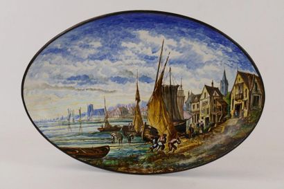 null Léon GAUFFRE (19th-20th) - GIEN:

Hollow oval dish decorated with an animated...