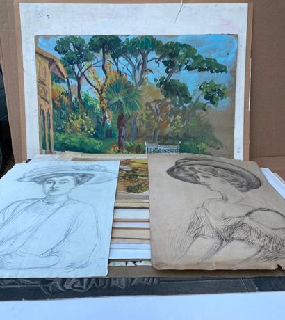 Lot of about 67 graphic works including pastels,...
