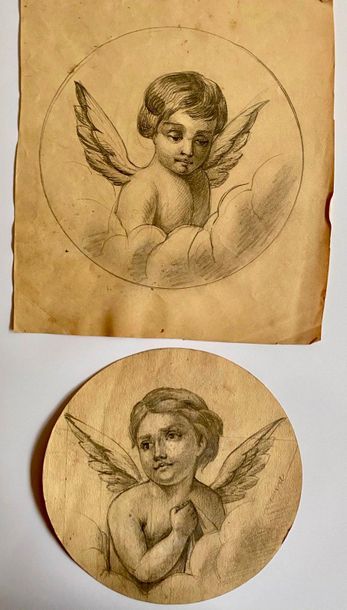 Set of two small drawings of cherubs. Diameter:...