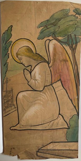 Angel in prayer. Stained glass project. Watercolour....