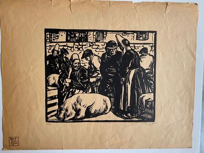 Robert YAN (1901-1994): Pig market. Engraving....