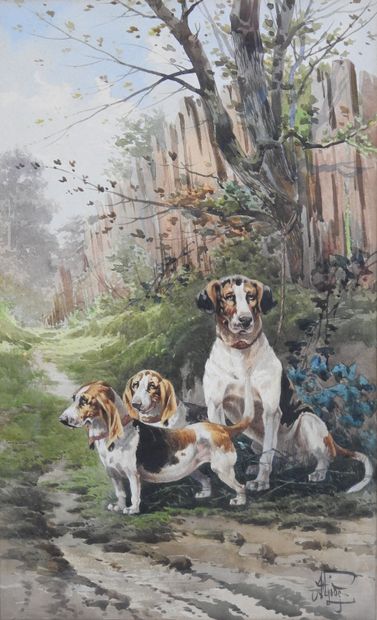 null Hippolyte Jean Adam GIDE (1852-1921) : Dog relay. Watercolor. Signed lower right....
