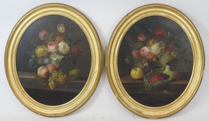 null BAUDOIN (XIXème siècle) : Nature morte aux fruits et fleurs. Paire d'huiles...