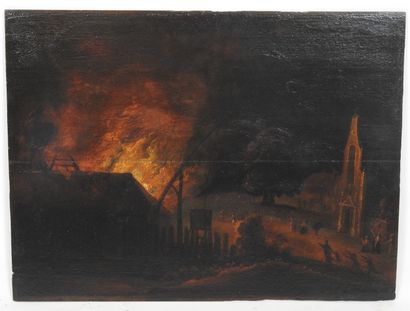 null FLAMANDE school of the XVIIth century : Village fire. Oil on panel. 47 x 61...