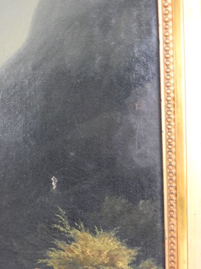 null Gottlieb BION (1804-1876) : Paysage au lac en montagne. Huile sur toile. Signé...