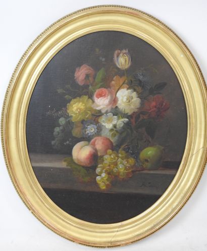 null BAUDOIN (XIXème siècle) : Nature morte aux fruits et fleurs. Paire d'huiles...