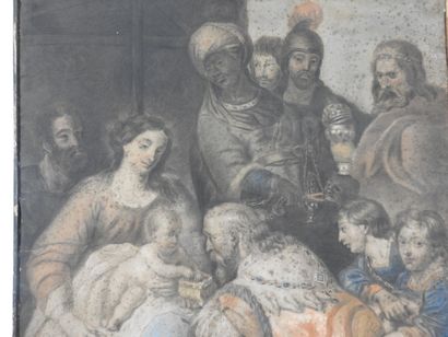 null School of the XIXth century: Adoration of the Magi. Pastel framed under glass....