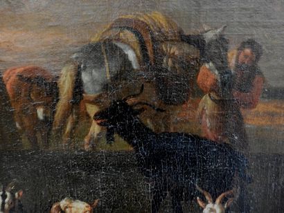null Ecole FLAMANDE du XVIIIème siècle : Halte du troupeau. Huile sur toile. 40 x...