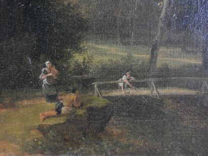 null XVIIIth century FRENCH school : Country scene with characters near a bridge....