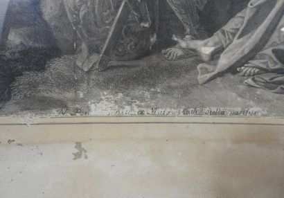 null Nicolas POUSSIN (1594-1665) : Moïse frappant l'eau du rocher. Gravure en noir...