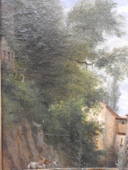 null Ecole FRANCAISE du XIXème siècle : Paysage animé au torrent. Huile sur toile....