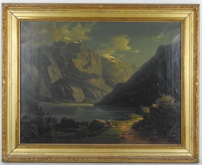 null Gottlieb BION (1804-1876): Lake landscape in the mountains. Oil on canvas. Signed...