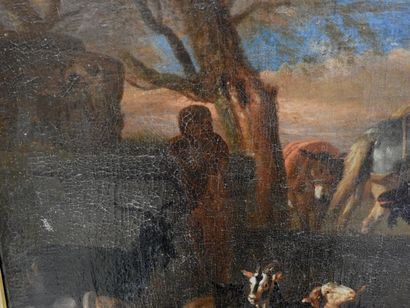 null Ecole FLAMANDE du XVIIIème siècle : Halte du troupeau. Huile sur toile. 40 x...