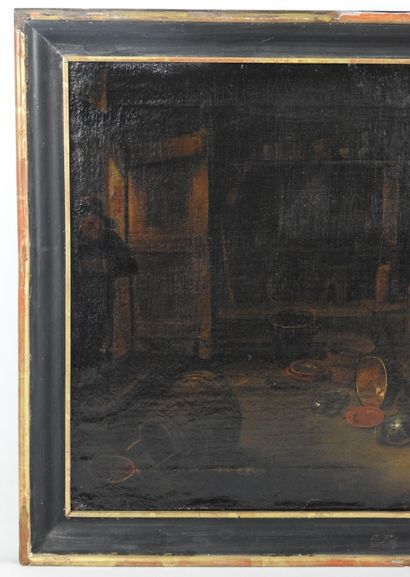 null Ecole FLAMANDE du XVIIème siècle : Scène de taverne. Huile sur toile. Inscription...