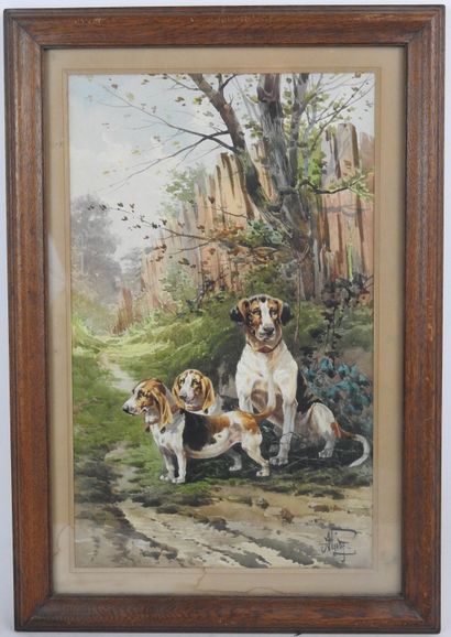 null Hippolyte Jean Adam GIDE (1852-1921) : Dog relay. Watercolor. Signed lower right....