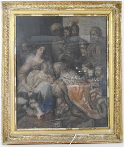 null Ecole du XIXème siècle : Adoration des mages. Pastel encadré sous verre. 54...