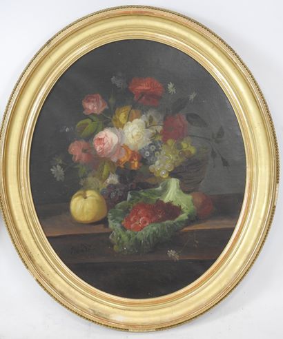 null BAUDOIN (XIXème siècle) : Nature morte aux fruits et fleurs. Paire d'huiles...