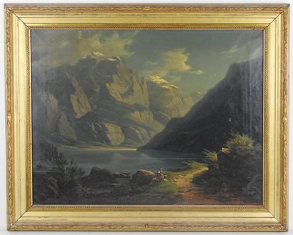 null Gottlieb BION (1804-1876) : Paysage au lac en montagne. Huile sur toile. Signé...