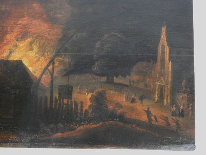 null Ecole FLAMANDE du XVIIème siècle : Incendie de village. Huile sur panneau. 47...