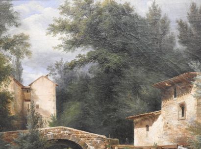 null Ecole FRANCAISE du XIXème siècle : Paysage animé au torrent. Huile sur toile....