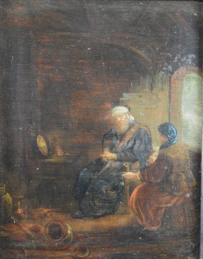 null Ecole HOLLANDAISE vers 1700, suiveur de Rembrandt : Scène d'intérieur avec orientaux....