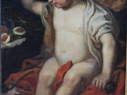 null 17th century FLEMISH school: Angelot on entablature. Oil on canvas. (fragment)....