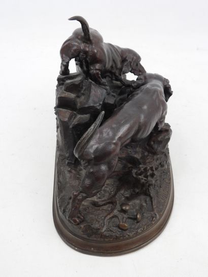 null Jules MOIGNIEZ (1835-1894): Two bassets on the track. Antique proof in bronze...