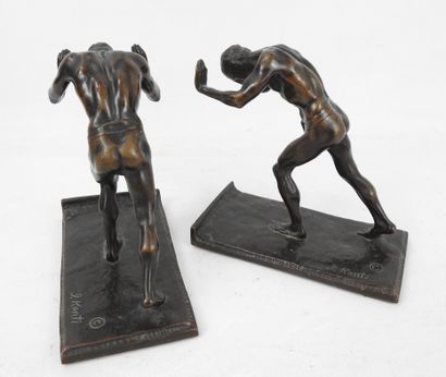 null Isidore KONTI (1862-1938) : Two naked men with loincloth. Pair of bookends in...