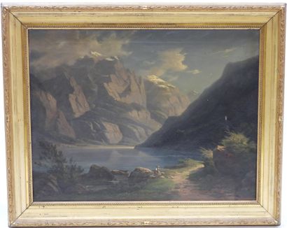 null Gottlieb BION (1804-1876) : Paysage de lac en montagne. Huile sur toile. Signé...