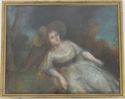 null Ecole FRANCAISE du XVIIIème siècle: Femme au chapeau. Pastel. 31 x 38.5 cm (petites...