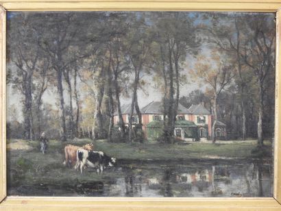 null Louis Victor WATELIN (1838-1907) : Fermière et vaches devant une propriété....