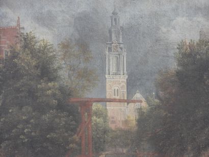null Ecole FRANCAISE du XIXème siècle: Cours d'eau devant l'église. Huile sur toile....