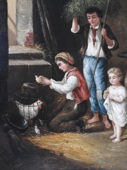 null ROBERTI (XIXème siècle).: Trois enfants jouant avec des poules. Huile sur toile....