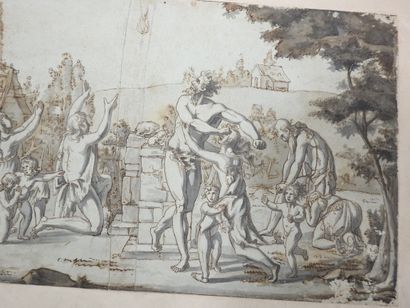 null NEOCLASSIAN SCHOOL: mythological scene. Ink and wash. 19 x 33 cm. (Hole, stains...