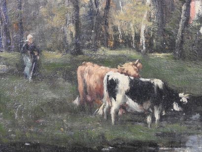 null Louis Victor WATELIN (1838-1907) : Fermière et vaches devant une propriété....