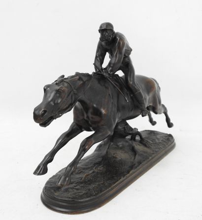 null Alfred BARYE (1839-1875). Jockey in a race. Proof in bronze with brown patina....