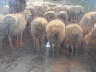 null VILLEMONT (XIX - XXème): Troupeau de moutons. Huile sur toile. Signé en bas...