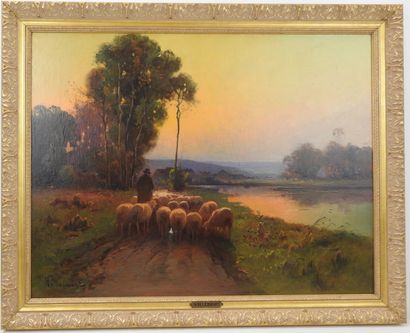 VILLEMONT (XIX - XXth): Herd of sheep. Oil...