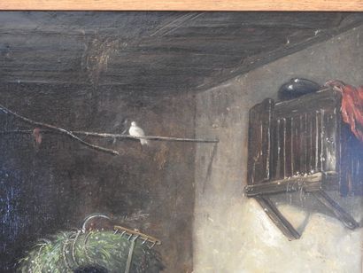 null ROBERTI (XIXème siècle).: Trois enfants jouant avec des poules. Huile sur toile....