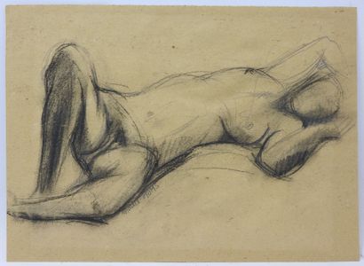 null Marcel HOMS (1910-1995): Study of a reclining nude woman. Drawing and charcoal....