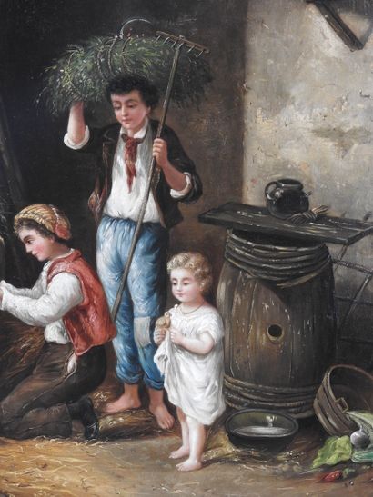 null ROBERTI (XIX century): Three children playing with chickens. Oil on canvas....